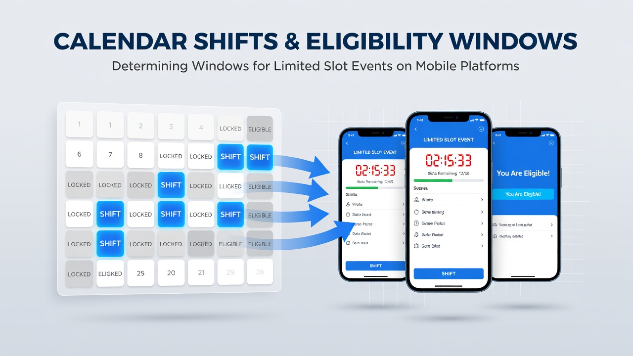 Mobile slot event calendar interface showing eligibility windows across time zones