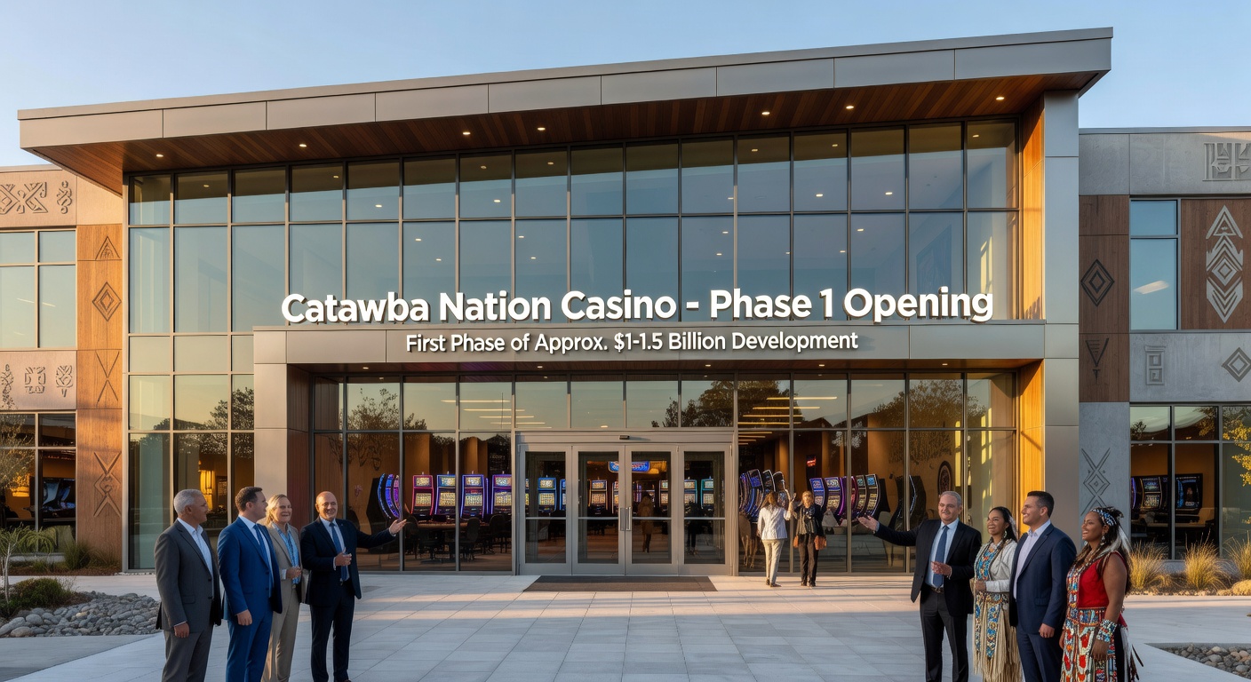 Interior view of the gaming floor at the Catawba Two Kings Casino introductory phase with slot machines and table game areas