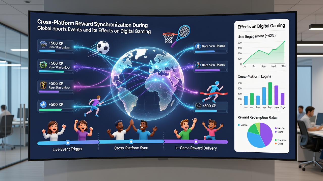 Users engaging with synchronized gaming rewards on multiple devices during an international sports tournament