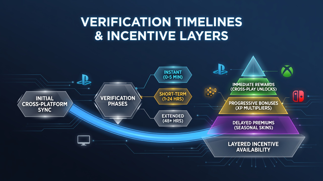 Cross-platform gaming setup showing verification process on multiple devices with incentive layers displayed