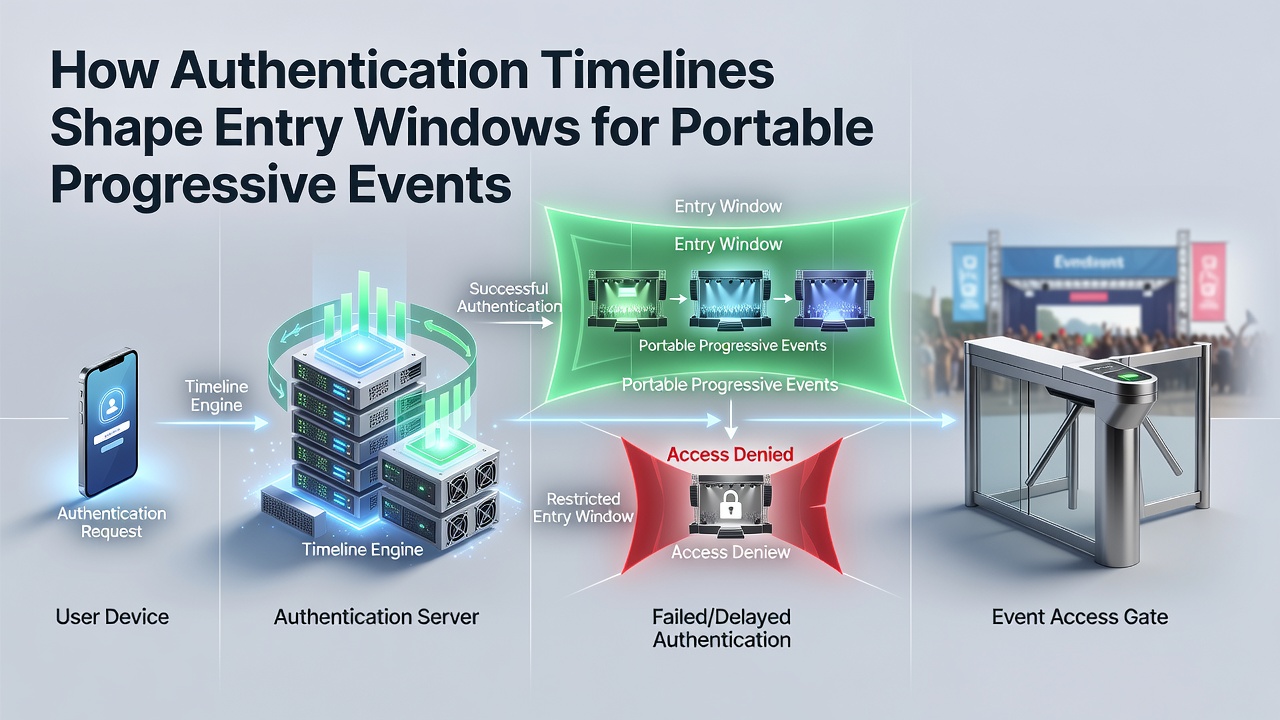 Timeline graphic illustrating authentication steps and shrinking entry windows for mobile progressive events