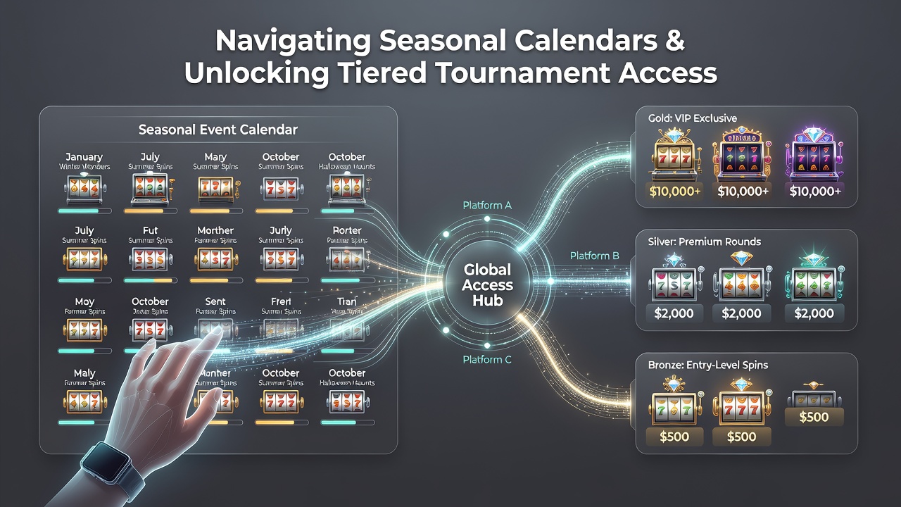 Global online gaming platforms displaying seasonal event calendars with slot tournament tiers and promotional timelines