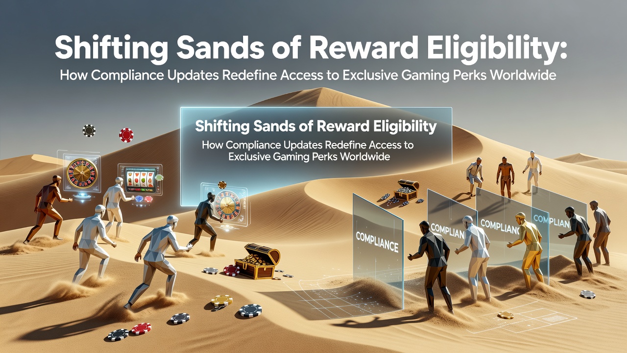 Regulatory compliance documents and digital reward interfaces displayed side by side on a gaming platform dashboard