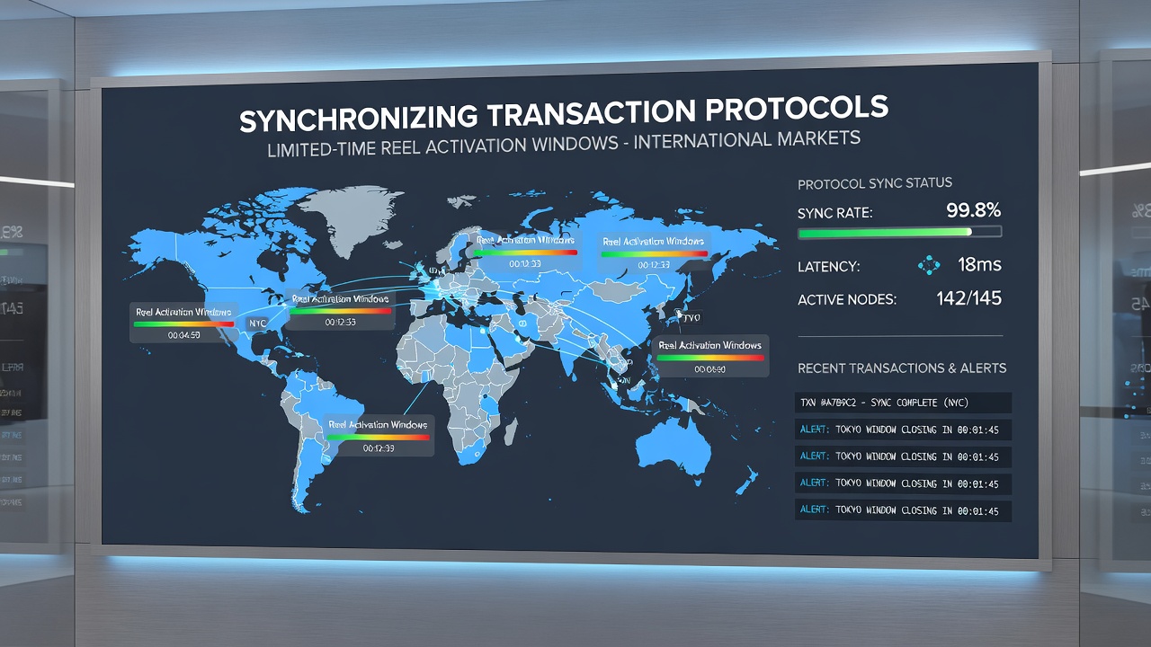 Global map overlay illustrating synchronized transaction flows and reel window timings on mobile devices