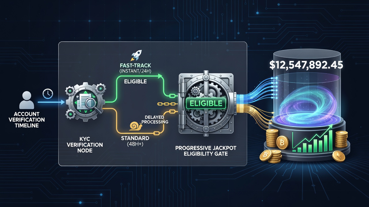 Flowchart of verification timeline checkpoints affecting jackpot eligibility in slot networks